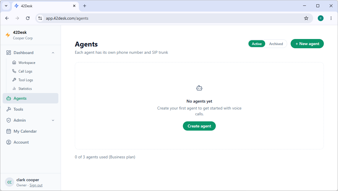 42Desk dashboard with no agents — button to create the first agent
