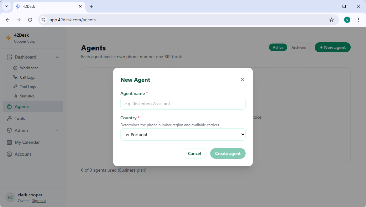 Agent creation modal with name field and country selector