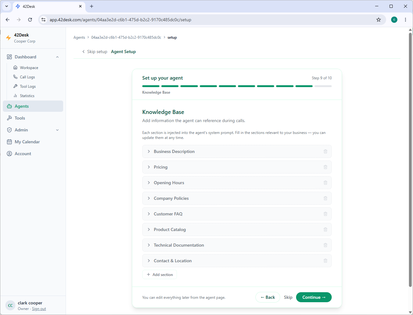 Step 9/10 — Knowledge base with sections for prices, opening hours, and FAQs