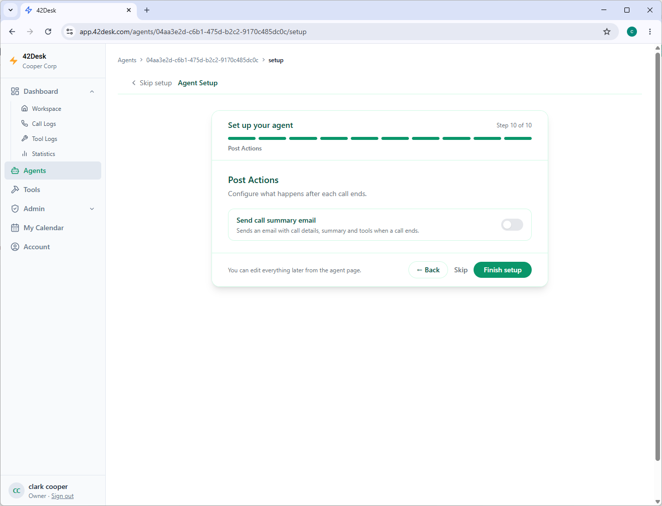 Step 10/10 — Post-call actions and button to finish setup